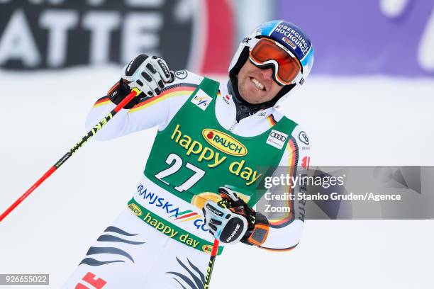 Fritz Dopfer of Germany reacts during the Audi FIS Alpine Ski World Cup Men's Giant Slalom on March 3, 2018 in Kranjska Gora, Slovenia.