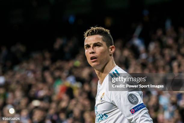 Cristiano Ronaldo of Real Madrid looks on during the UEFA Champions League 2017-18 Round of 16 match between Real Madrid vs Paris Saint Germain at...