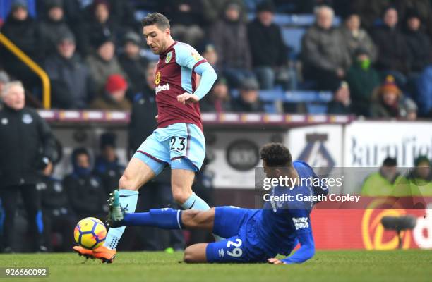 Dominic Calvert-Lewin of Everton tackles Stephen Ward of Burnley during the Premier League match between Burnley and Everton at Turf Moor on March 3,...