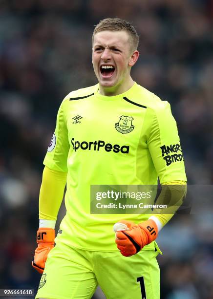 Jordan Pickford of Everton celebrates after scoring his sides first goal during the Premier League match between Burnley and Everton at Turf Moor on...