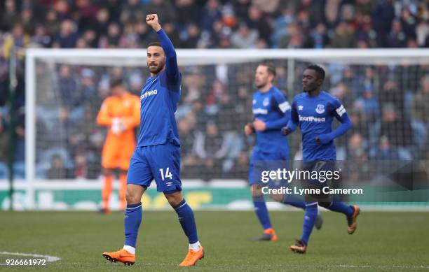 Cenk Tosun of Everton celebrates scoring his side's first goal during the Premier League match between Burnley and Everton at Turf Moor on March 3,...
