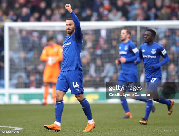 Cenk Tosun of Everton celebrates scoring his side's first goal during the Premier League match between Burnley and Everton at Turf Moor on March 3,...