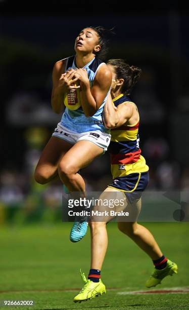 Darcy Vescio of Carlton marks during the round five AFLW match between the Adelaide Crows and the Carlton Blues at Norwood Oval on March 3, 2018 in...