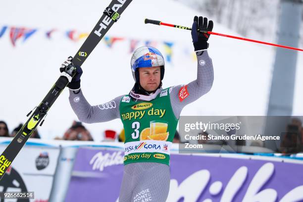 Alexis Pinturault of France takes 3rd place during the Audi FIS Alpine Ski World Cup Men's Giant Slalom on March 3, 2018 in Kranjska Gora, Slovenia.