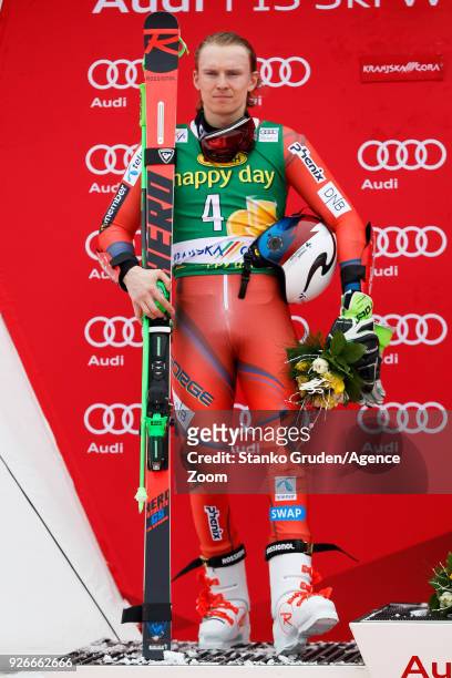 Henrik Kristoffersen of Norway takes 2nd place during the Audi FIS Alpine Ski World Cup Men's Giant Slalom on March 3, 2018 in Kranjska Gora,...