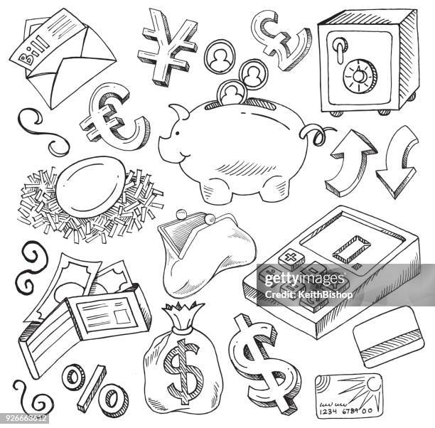 doodle illustrations of money, financial concept - currency symbol stock illustrations