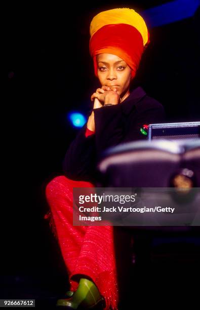 View of American Soul, R&B, and Hiphop musician Erykah Badu as she looks on from upstage during the Rhythm & Blues Foundation's Pioneer Awards at the...
