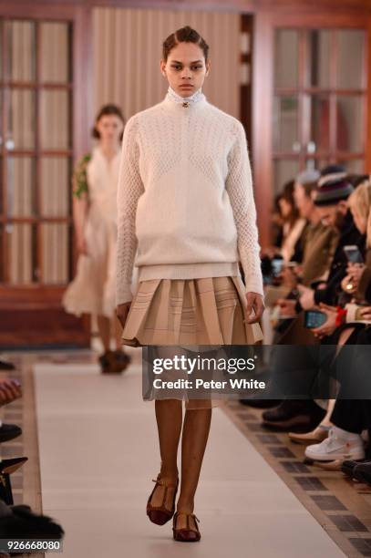 Hiandra Martinez walks the runway during the Carven show as part of the Paris Fashion Week Womenswear Fall/Winter 2018/2019 on March 1, 2018 in...