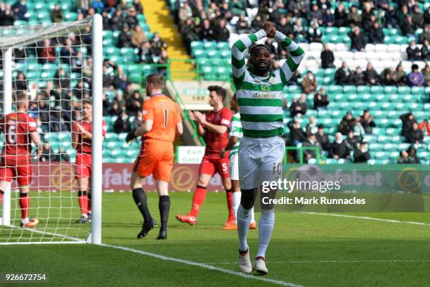 Moussa Dembele of Celtic reacts after missing a chance to score in the first half during the Scottish Cup Quarter Final match between Celtic and...