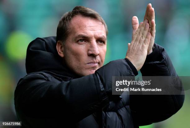 Celtic manager Brendan Rodgers during the Scottish Cup Quarter Final match between Celtic and Greenock Morton at Celtic Park on March 3, 2018 in...