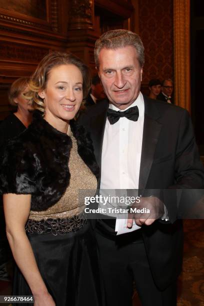 Friederike Beyer and Guenther Oettinger attend the Matthiae Mahl on March 2, 2018 in Hamburg, Germany.