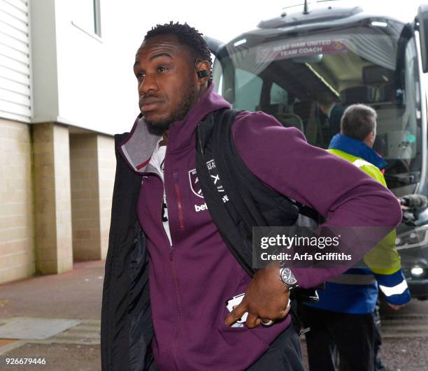 Michail Antonio of West Ham United arriving prior to the Premier League match between Swansea City and West Ham United at Liberty Stadium on March 3,...