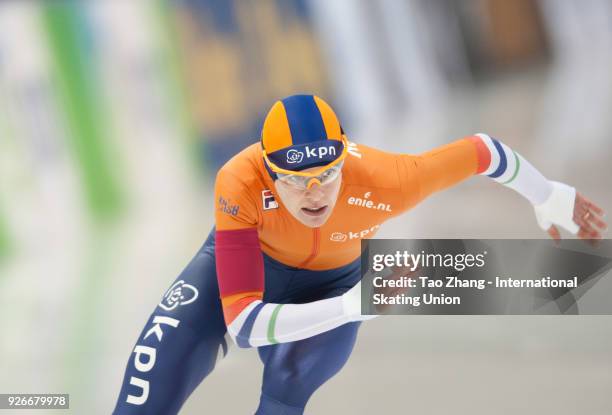 Marrit Leenstra of the Netherlands competes during the Ladies' 500m on day one of the ISU World Sprint Speed Skating Championships 2018 at the Jilin...