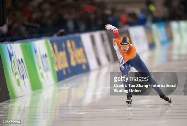 Marrit Leenstra of the Netherlands competes during the Ladies' 500m on day one of the ISU World Sprint Speed Skating Championships 2018 at the Jilin...