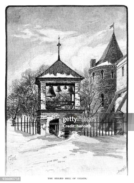 exiled bell of uglich - siberia winter stock illustrations