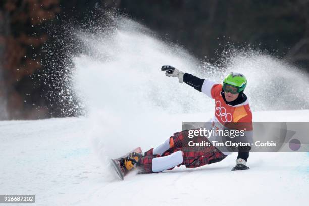 Rok Marguc of Slovenian in action during the Men's Snowboard Parallel Giant Slalom competition at Phoenix Snow Park on February 24, 2018 in...