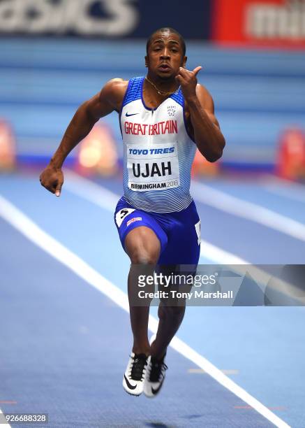 Chijindu Ujah of Great Britain competes in the Men's 60m Heats during Day Three of the IAAF World Indoor Championships at Arena Birmingham on March...