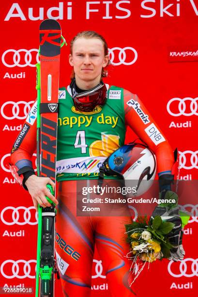 Henrik Kristoffersen of Norway takes 2nd place during the Audi FIS Alpine Ski World Cup Men's Giant Slalom on March 3, 2018 in Kranjska Gora,...