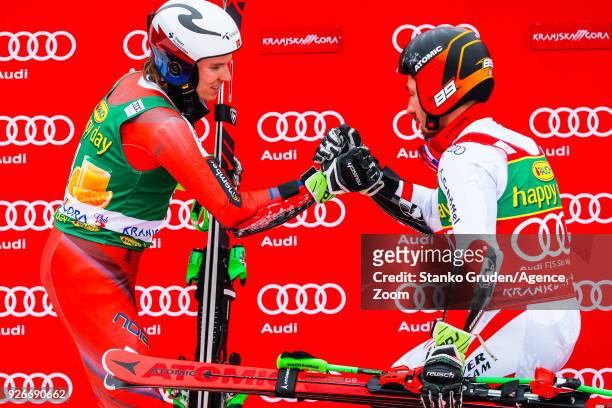 Henrik Kristoffersen of Norway takes 2nd place, Marcel Hirscher of Austria takes 1st place during the Audi FIS Alpine Ski World Cup Men's Giant...