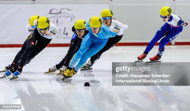 Athletes compete in the Men 1500m Final A during the World Junior Short Track Speed Skating Championships Day 1 at Arena Lodowa on March 3, 2018 in...