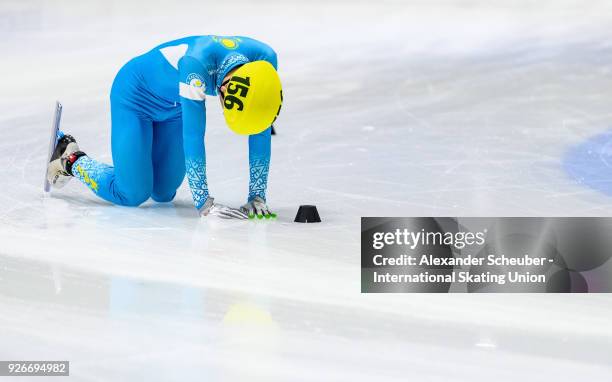 Adil Galiakhmetov of Kazakhstan reacts in the Mens 1500m Final B during the World Junior Short Track Speed Skating Championships Day 1 at Arena...