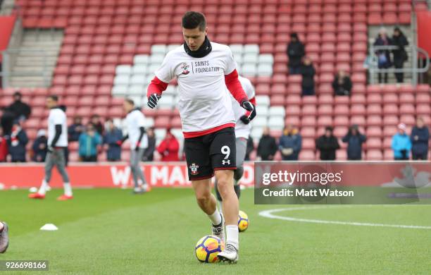 Guido Carrillo of Southampton warms up ahead of the Premier League match between Southampton and Stoke City at St Mary's Stadium on March 3, 2018 in...