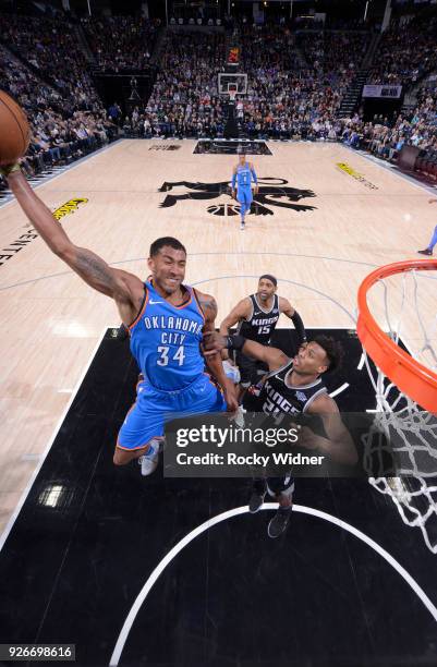 Josh Huestis of the Oklahoma City Thunder goes up for the shot against the Sacramento Kings on February 22, 2018 at Golden 1 Center in Sacramento,...