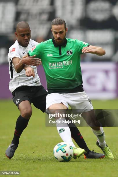 Gelson Fernandes of Frankfurt fights for the ball with Martin Harnik of Hannover during the Bundesliga match between Eintracht Frankfurt and Hannover...