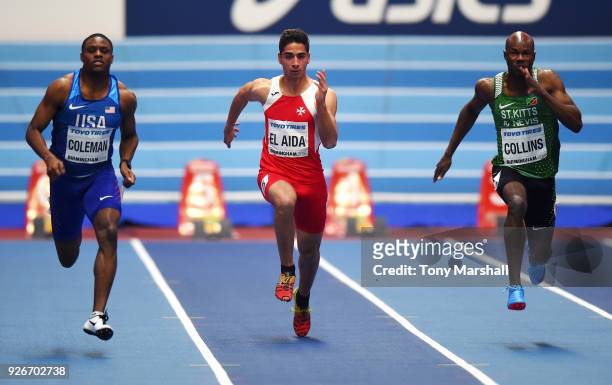 Christian Coleman of the United States, Jacob El Aida of Malta and Kim Collins of St Kitts and Nevis compete in the Men's 60m Heats during Day Three...