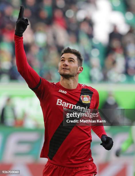 Lucas Alario of Leverkusen jubilates after scoring the first goal after penalty during the Bundesliga match between VfL Wolfsburg and Bayer 04...