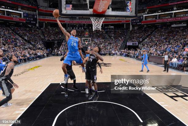 Josh Huestis of the Oklahoma City Thunder goes up for the shot against the Sacramento Kings on February 22, 2018 at Golden 1 Center in Sacramento,...