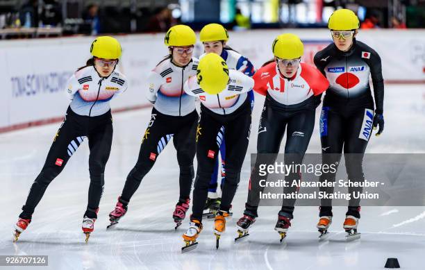Athletes compete in the Ladies 1500m Final A during the World Junior Short Track Speed Skating Championships Day 1 at Arena Lodowa on March 3, 2018...
