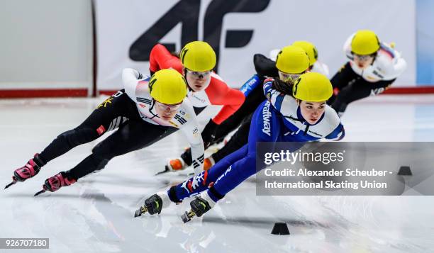 Athletes compete in the Ladies 1500m Final A during the World Junior Short Track Speed Skating Championships Day 1 at Arena Lodowa on March 3, 2018...