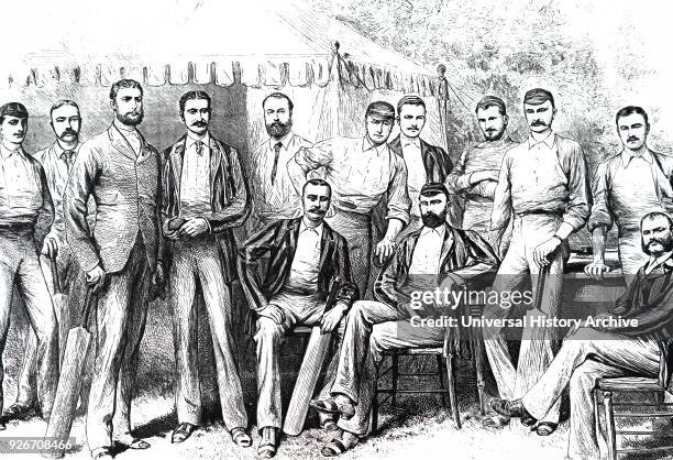 Illustration depicting the Australian touring cricket team of 1882. Left to right: S. P. Jones, A. C. Bannerman, G. J. Bonnor, F. R. Spofforth, J....