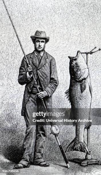 Illustration depicting a man showing off his catch, a 68 lbs. Striped Bass. Dated 19th century.