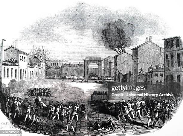 Engraving depicting the conflict at the Porta Tosa. Porta Vittoria was a city gate in the Spanish walls of Milan, Italy. Dated 19th century.