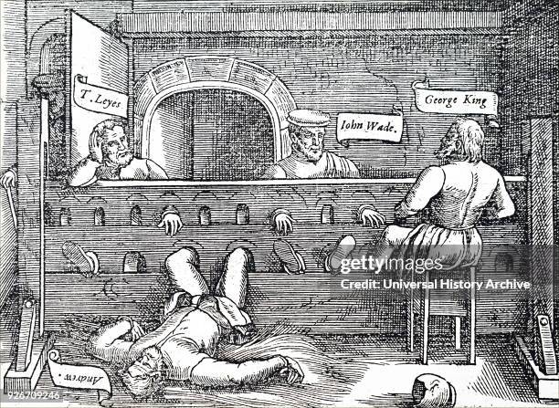 Engraving depicting prisoners confined in stocks in the Lollards Tower, Lambeth. Dated 14th century.