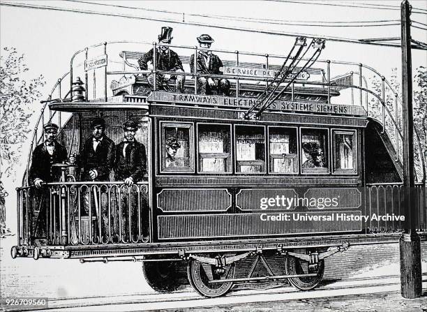 Illustration depicting the first electric railway, created by Charles Siemens and Johann Georg Halske, at the Electricity Exhibition of 1881, Paris....