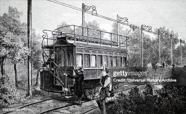 Illustration depicting the first electric railway, created by Charles Siemens and Johann Georg Halske, at the Electricity Exhibition of 1881, Paris....