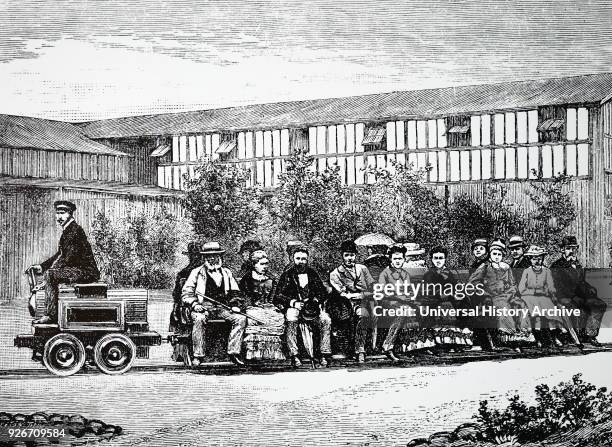 Illustration depicting the first electric railway, created by Charles Siemens and Johann Georg Halske, at the Industrial Exhibition, Berlin. Charles...