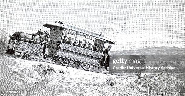 Illustration depicting a tramway in California where mules draw the car up the incline, and on the return journey they stand on the back while the...