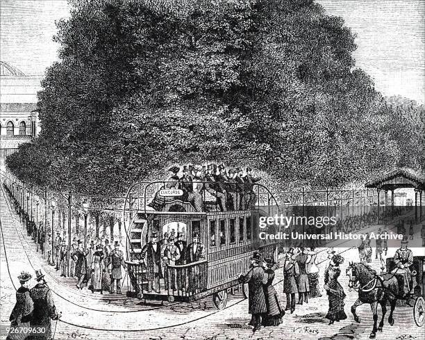 Illustration depicting the first electric railway, created by Charles Siemens and Johann Georg Halske, at the Electricity Exhibition of 1881, Paris....