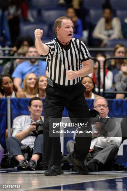 The referee give the offensive sign for charge during the second period between the Georgia Lady Bulldogs and the Missouri Tigers in a SEC Women's...