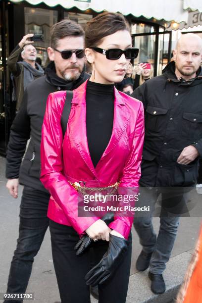 Model Bella Hadid is seen leaving the 'Cafe de Flore' on March 3, 2018 in Paris, France.