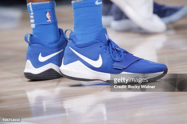 The Sneakers belonging to Josh Huestis of the Oklahoma City Thunder in a game against the Sacramento Kings on February 22, 2018 at Golden 1 Center in...