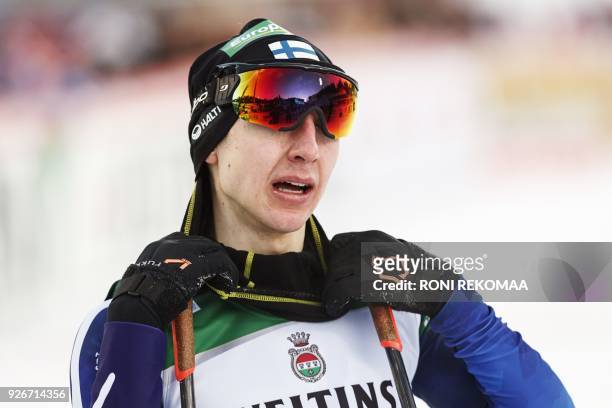 Ilkka Herola of Finland reacts after the cross-country skiing of the men's Nordic Combined Team Sprint of the FIS World Cup in Lahti, Finland, on...