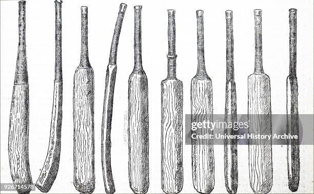 Illustration depicting various cricket bats from the 1740s to the 1880s. Dated 19th century.