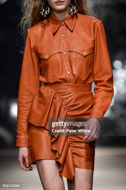 Model, fashion detail, walks the runway during the Isabel Marant show as part of the Paris Fashion Week Womenswear Fall/Winter 2018/2019 on March 1,...