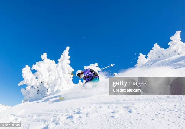 woman skiing in deep powder snow in the pyrenees catalonia spain - baqueira/beret imagens e fotografias de stock