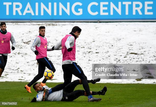 Dalbert Henrique Chagas Estevão and Andrea Ranocchia of FC Internazionale compete for the ball during the FC Internazionale training session at the...